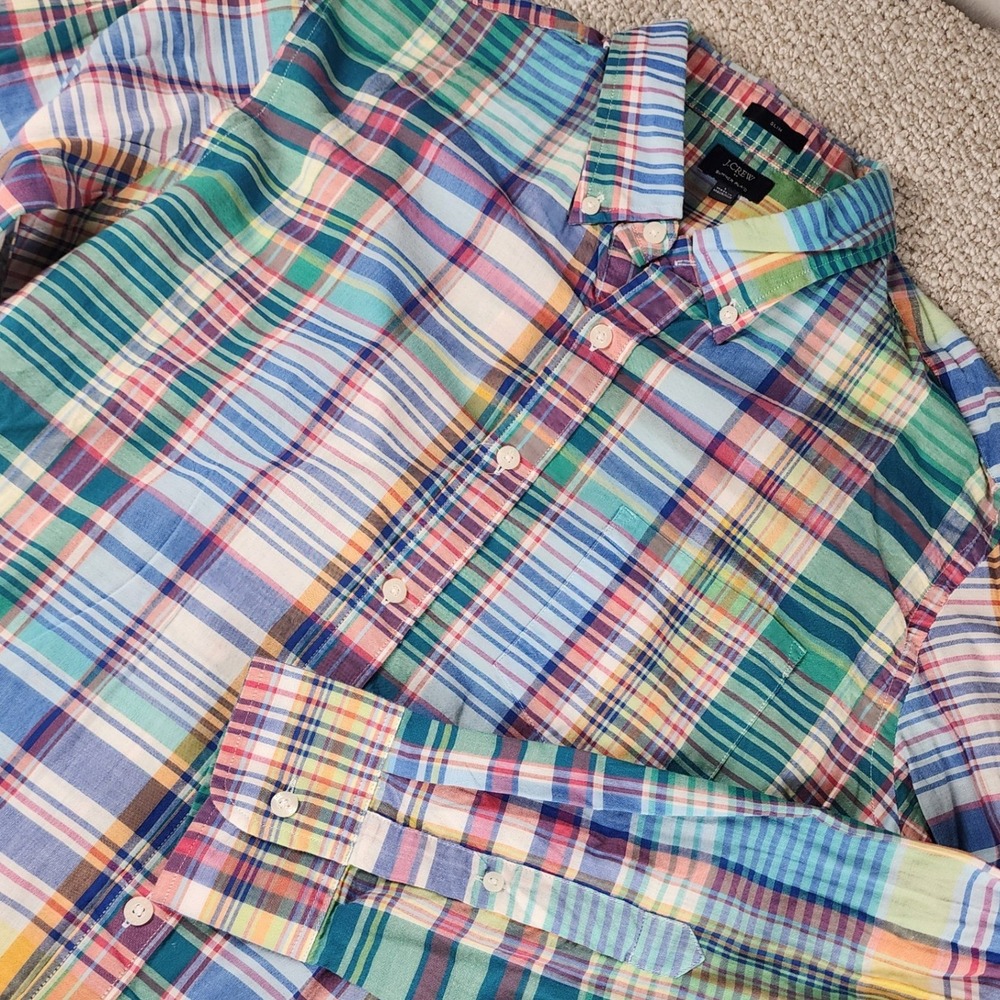 J Crew Summer Plaid Shirt Large Slim Fit Cotton Button Down Multi Color Madras